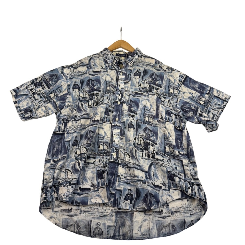 Salty Dog Imperial Poplin Nautical Print Shirt Mens XL Blue White Sailboat USA